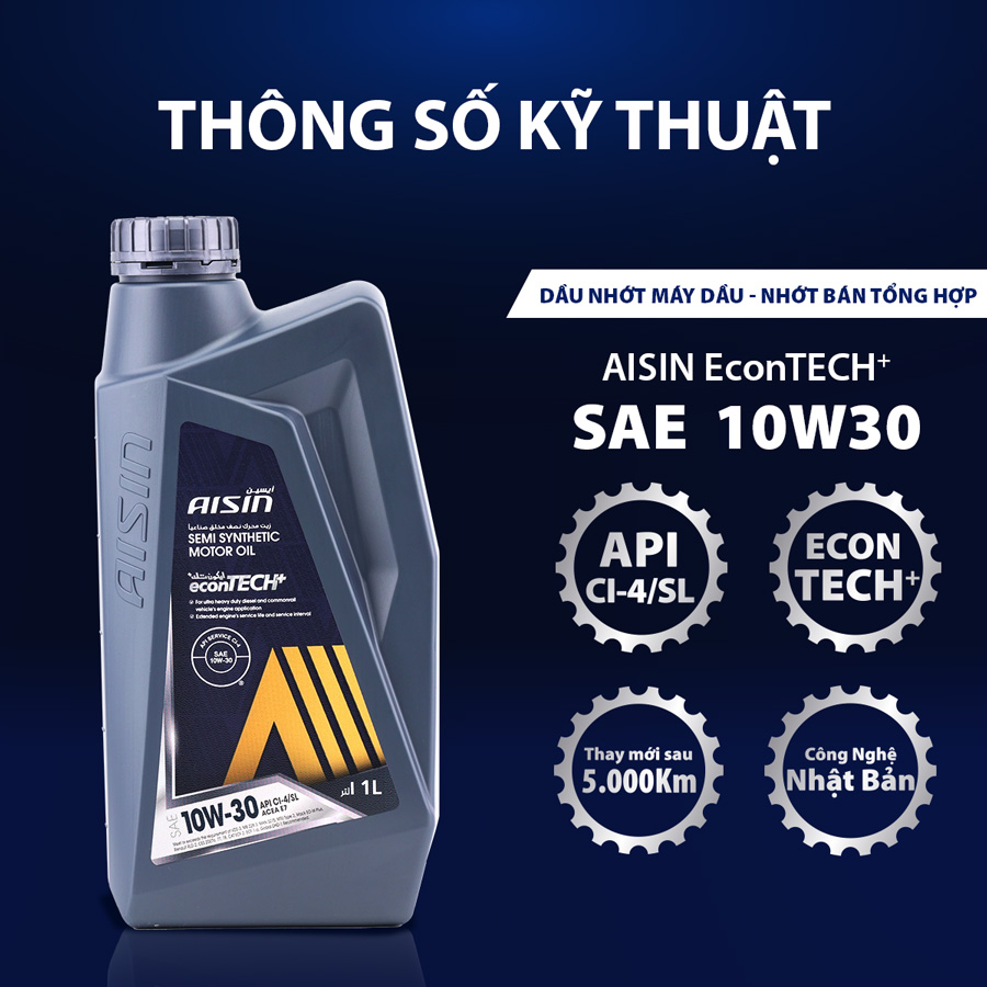 Nhớt Động Cơ Aisin 10W-30 CI-4/SL econTECH+ Semi Synthetic 1 Lít ECSI1031PB