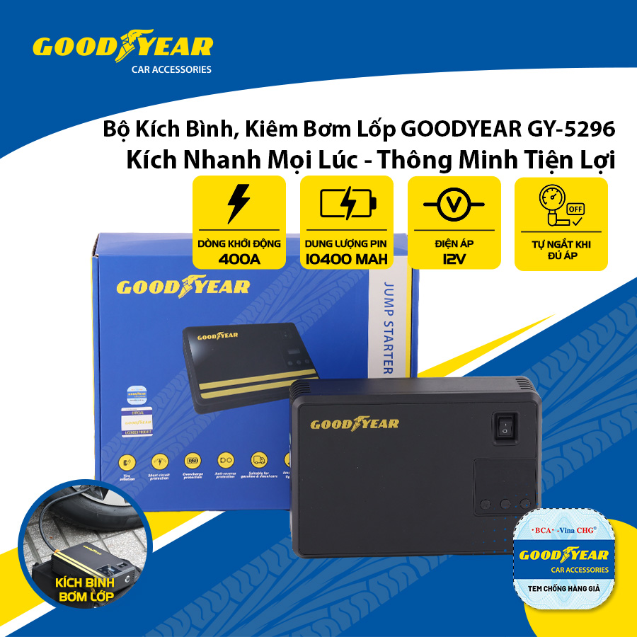 Bộ kích điện+bơm hơi Goodyear GY-5296 12V 10400mAh - 400A - 38.48Wh-2.6A 150PSI-21L/min mặt đồng hồ điện tử