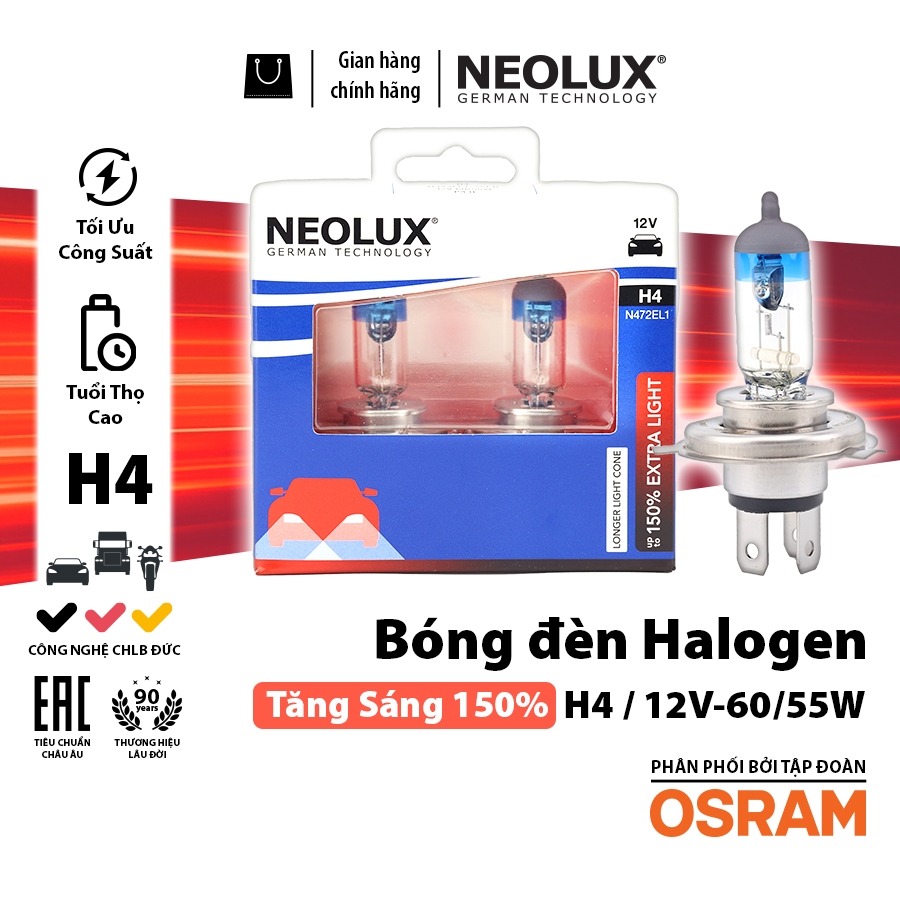 Bóng Halogen Tăng Sáng 150% H4 12V 60/55W N472EL1-2SCB Hiệu Neolux
