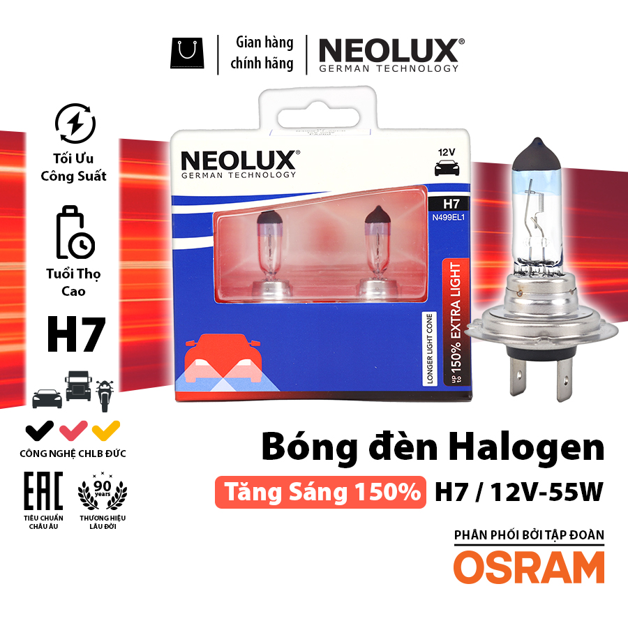 Bóng Halogen Tăng Sáng 150% H7 12V 55W N499EL1-2SCB Hiệu Neolux