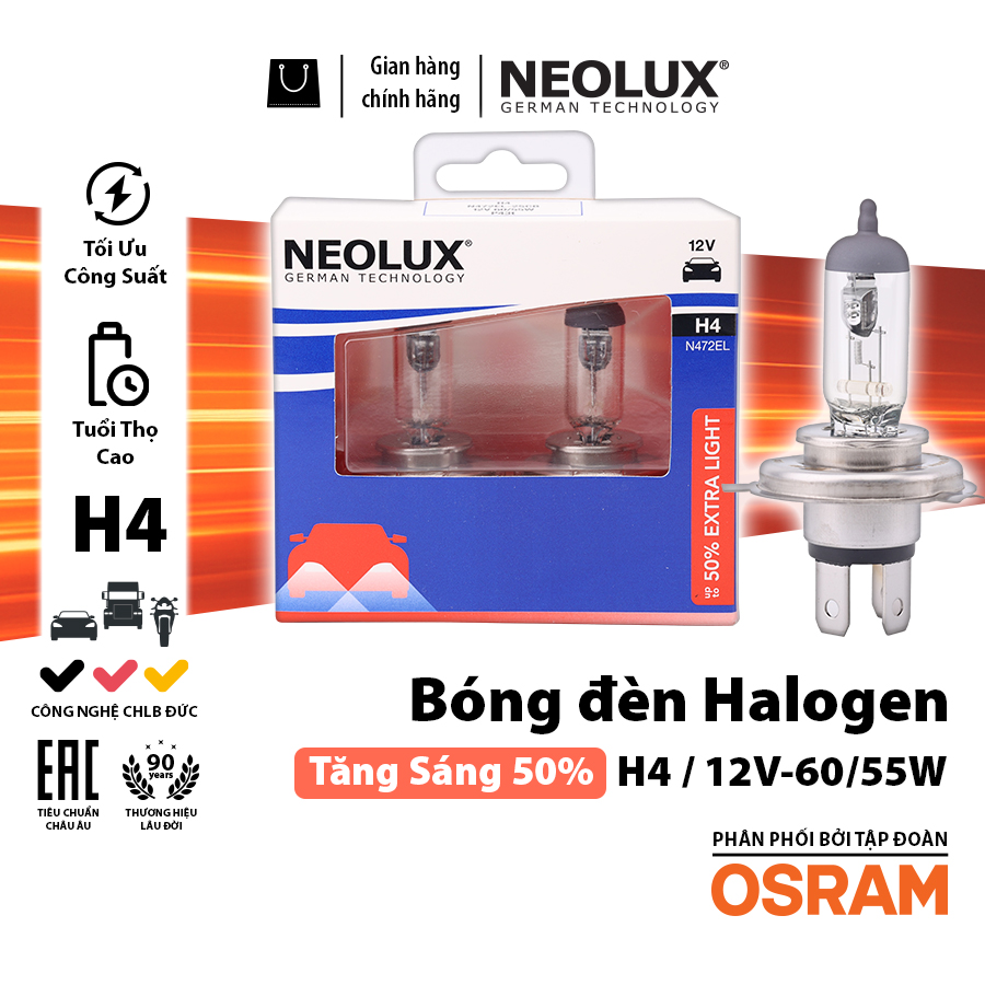 Bóng Halogen Tăng Sáng 50% H4 12V 60/55W N472EL-2SCB Hiệu Neolux
