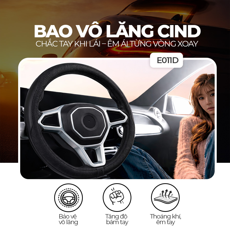 Bao vô lăng CIND PU+TPE kiểu D E011D Size M đen/đen
