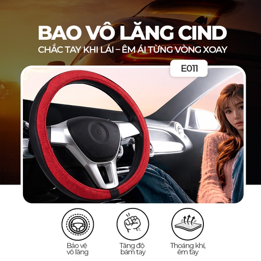 [BTLSME011DDO] Bao vô lăng CIND PU+TPE E011 size M đen/đỏ